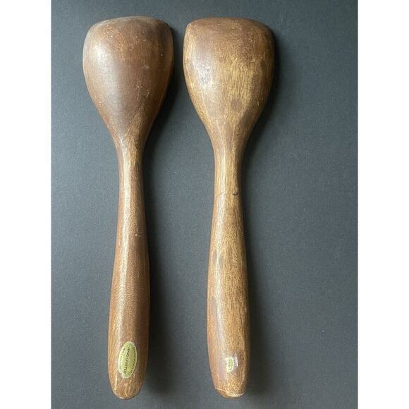 Vintage Hand Made Monkey Pod Wood Salad Serving Spoons 12” Made In Philippines - Picture 4 of 6